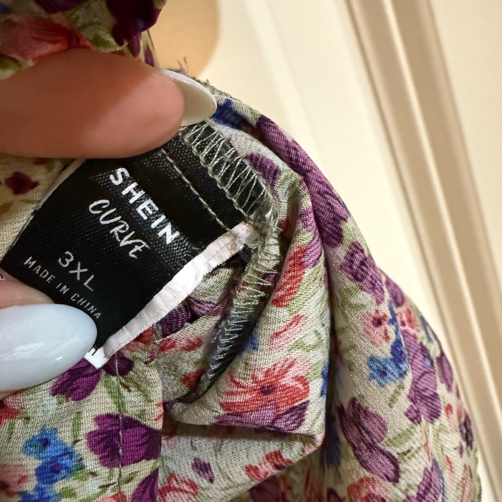 SHEIN Pink and Blue Puff Sleeve Ruffled Blouse - Picture 3 of 3